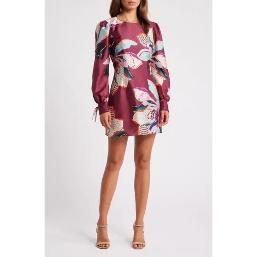 Hutch Womens Burgundy Floral Satin Puff Sleeve Mini Dress Size Large NWT